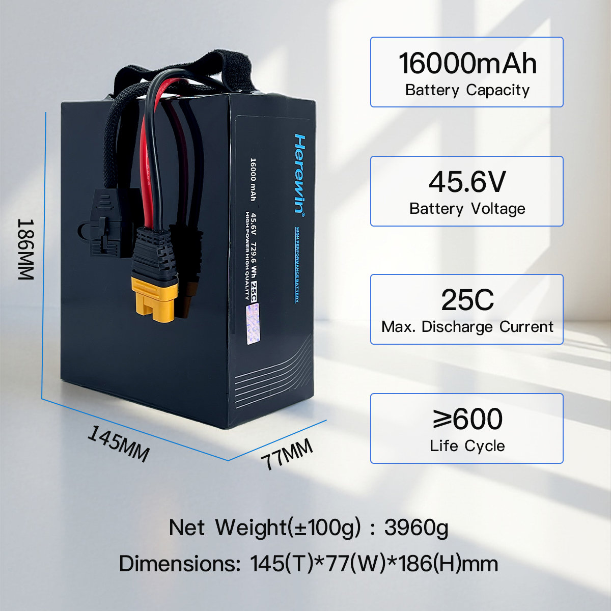 25C 12S1P 45.6V 16000mAh agricultural drone battery dimensions