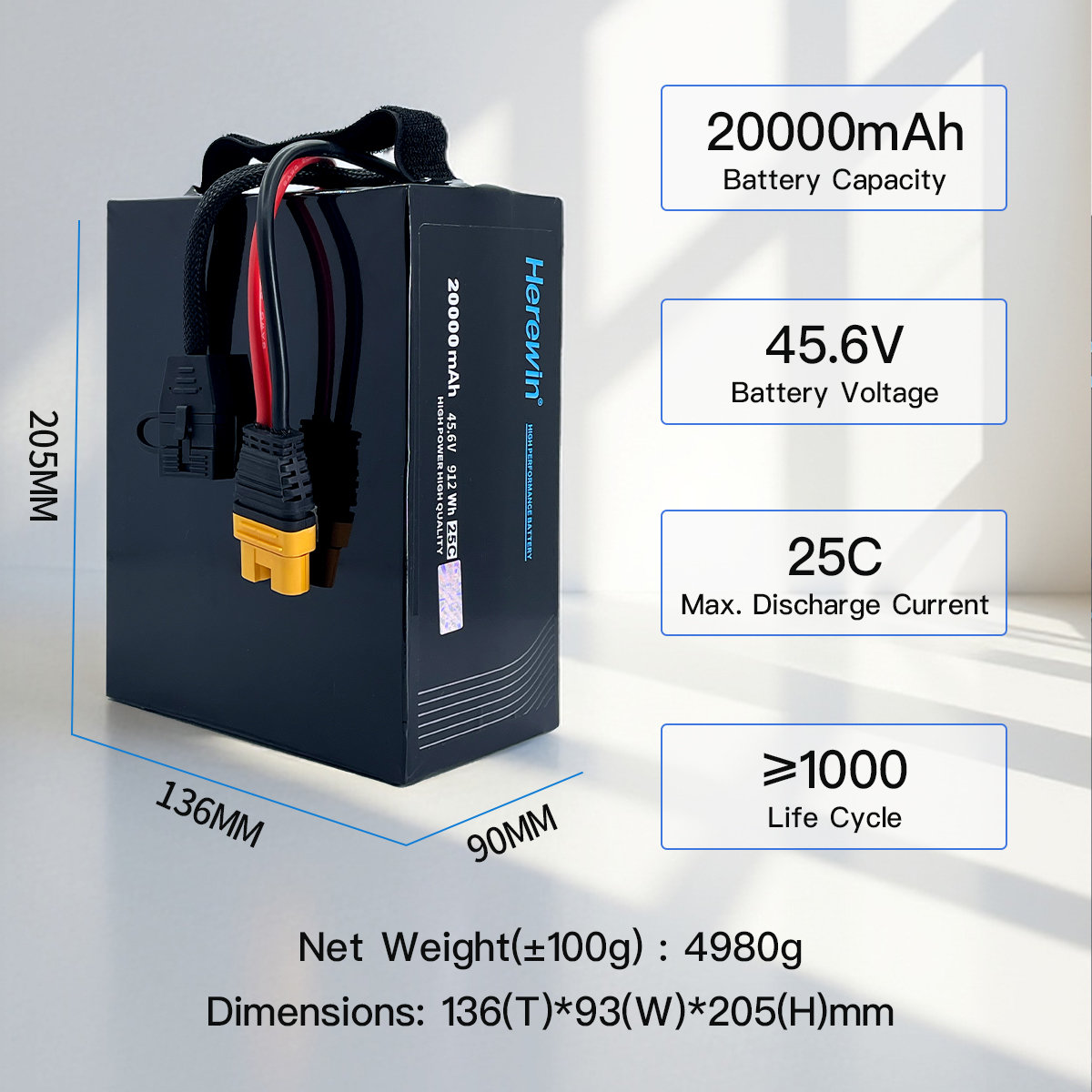 25C 12S1P 45.6V 20000mAh agricultural drone battery dimensions