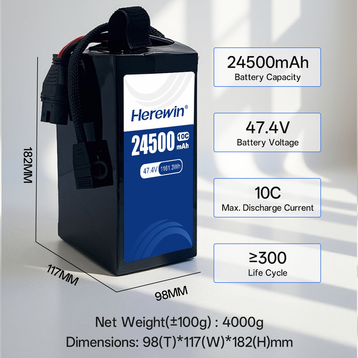 12S1P 47.4V 24500mAh high-voltage semi-solid UAV battery dimensions