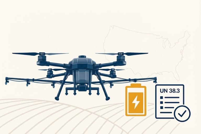 Cover illustration of a heavy-lift agricultural drone with battery and compliance checklist symbols.