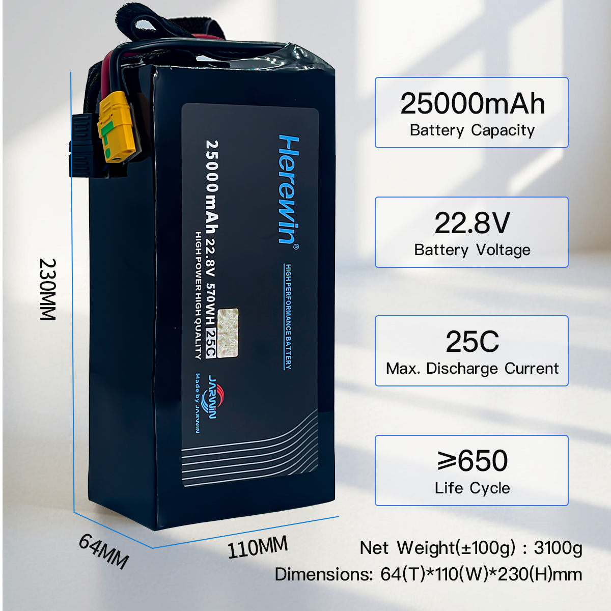 25C 6S1P 22.8V 25000mAh LiPo UAV battery dimensions