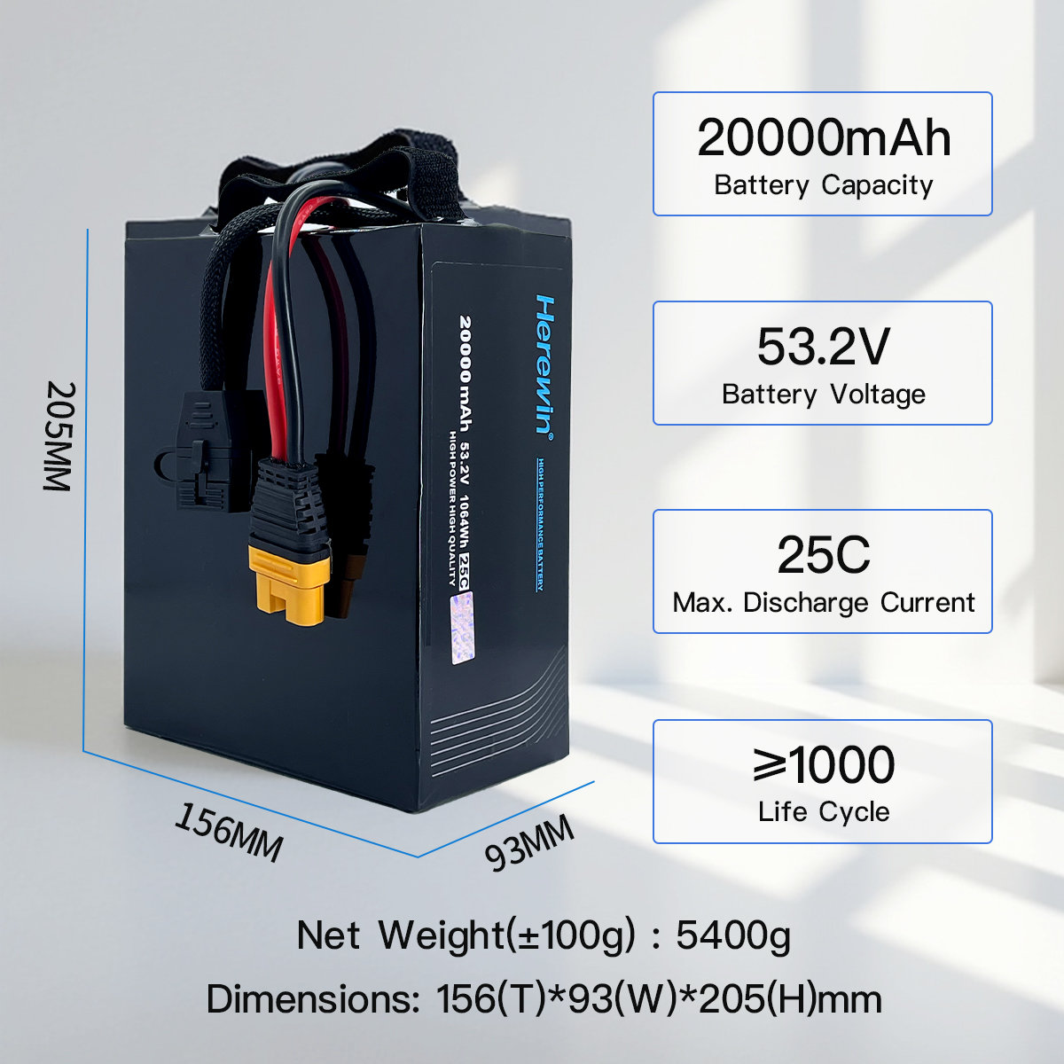 25C 14S1P 53.2V 20000mAh industrial UAV battery dimensions