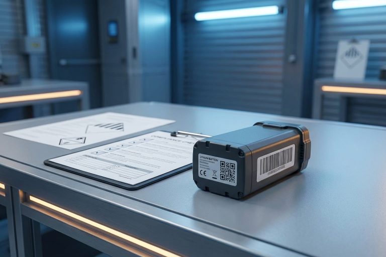 Industrial drone battery on compliance test bench with checklist and Class 9 label