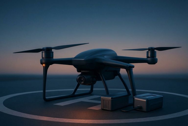 Industrial drone with semi-solid battery and fast charger highlighting 260–300 Wh/kg and 2C–3C fast charge