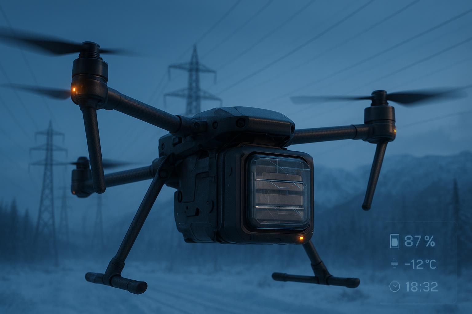 Industrial UAV flying over winter power lines with solid-state drone battery cutaway and telemetry overlay
