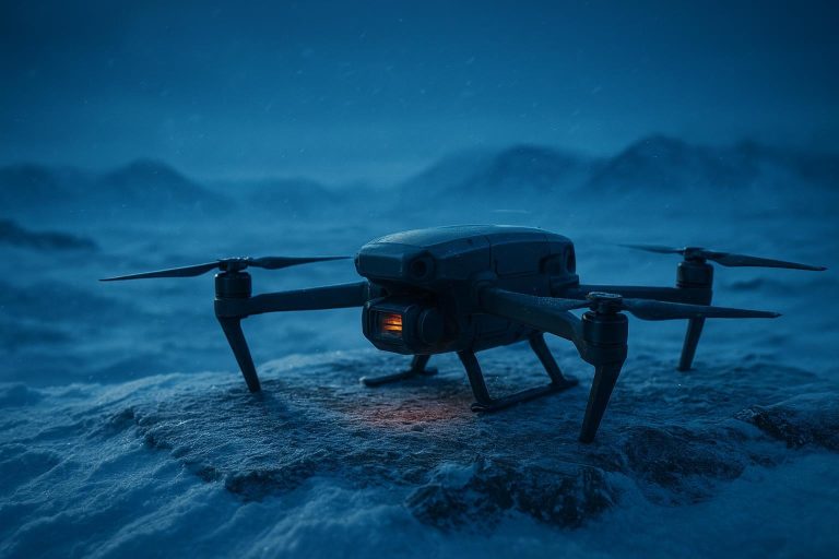 Professional UAV on a polar ice sheet with insulated battery bay and heater glow at blue hour