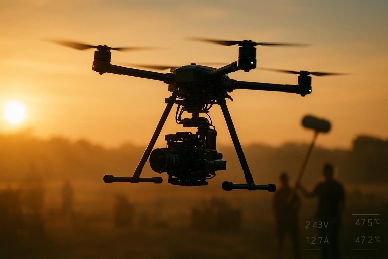 Heavy-lift cinematography drone with ARRI/RED-style camera flying a long continuous take over a film set at golden hour