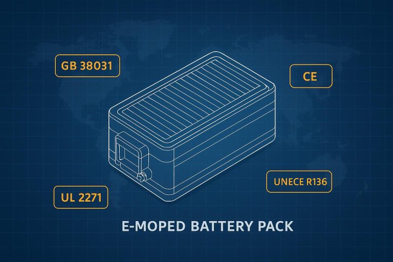 Technical isometric illustration of an e‑moped battery pack with GB 38031, CE, UL 2271, and UNECE R136 callouts on a blueprint grid and world map backdrop