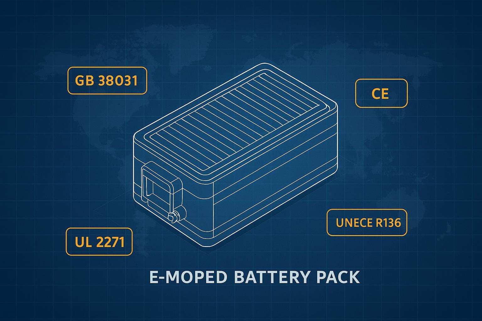 Technical isometric illustration of an e‑moped battery pack with GB 38031, CE, UL 2271, and UNECE R136 callouts on a blueprint grid and world map backdrop