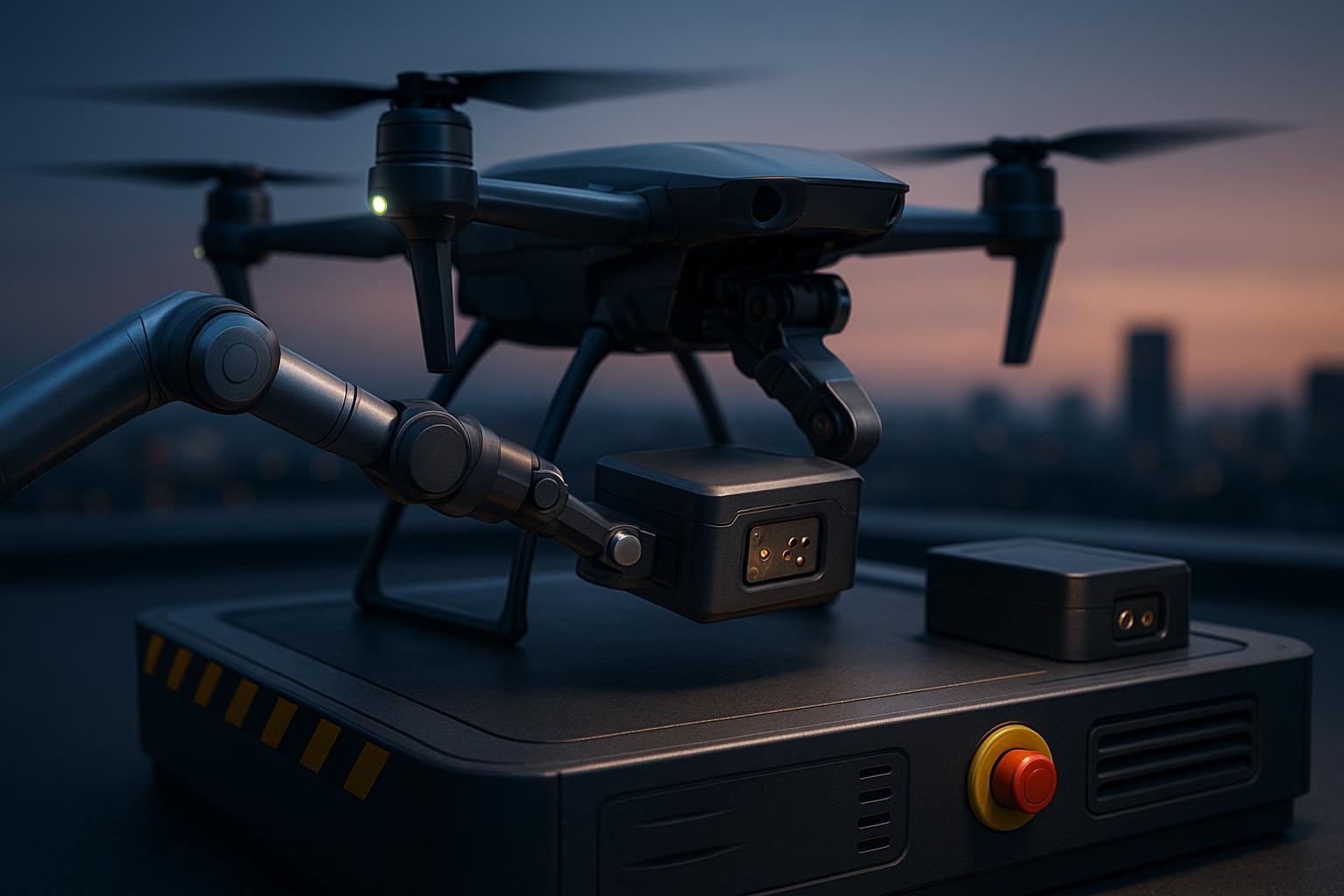 Delivery drone on rooftop swap pad with robotic battery exchange and rugged blind-mate connector detail