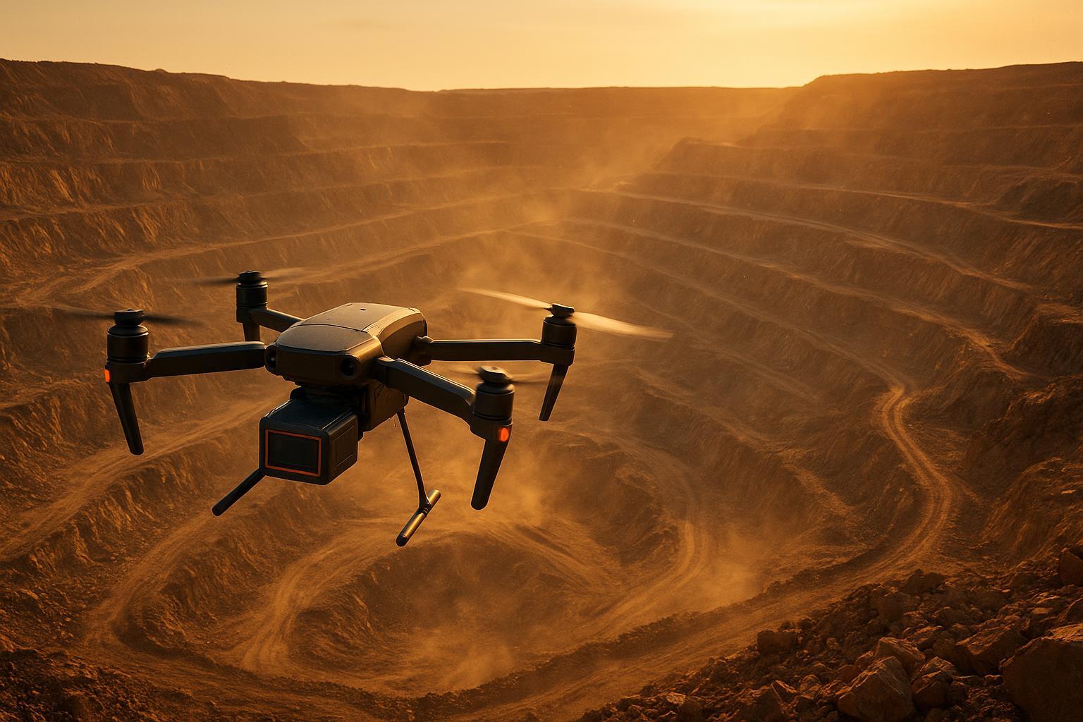 Heavy-lift drone with LiDAR over a dusty open-pit mine at golden hour