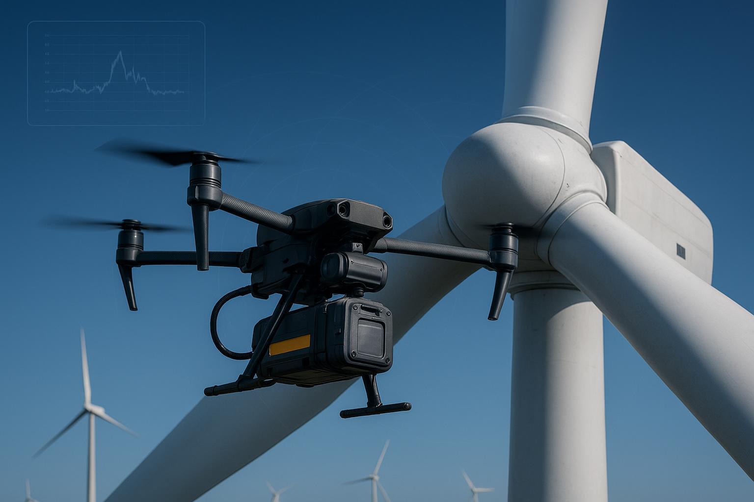 Industrial drone near wind turbine nacelle with EMI context and rugged battery