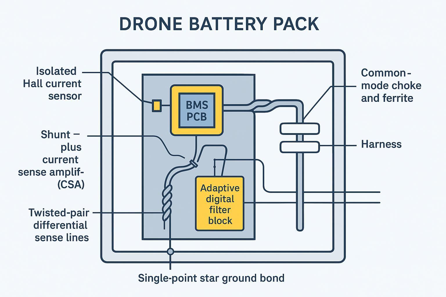 Shielded BMS layout for EMI-resistant drone battery with sensors, twisted pairs, chokes, and star ground
