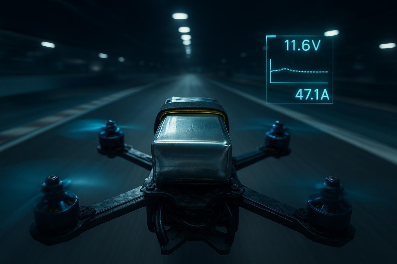 FPV racing quad with semi-solid pouch battery, telemetry overlay showing minimal voltage sag on a high-speed straight.