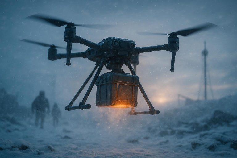 Industrial drone lifting off in snowy disaster zone at dawn, showing self-heating battery readiness