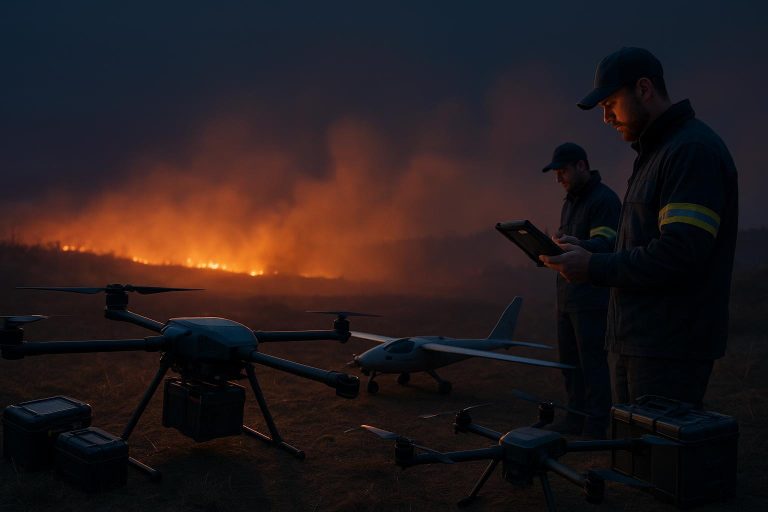 Wildfire drone base at dusk with UAVs, charging racks, and distant fire glow
