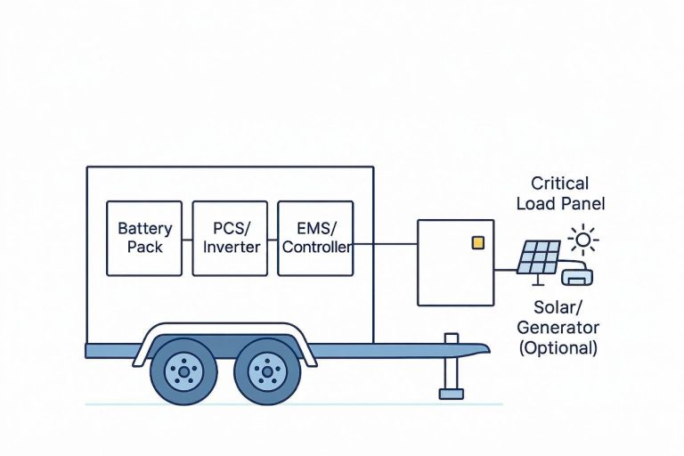 Technical diagram cover of a mobile BESS showing battery pack, PCS, and EMS