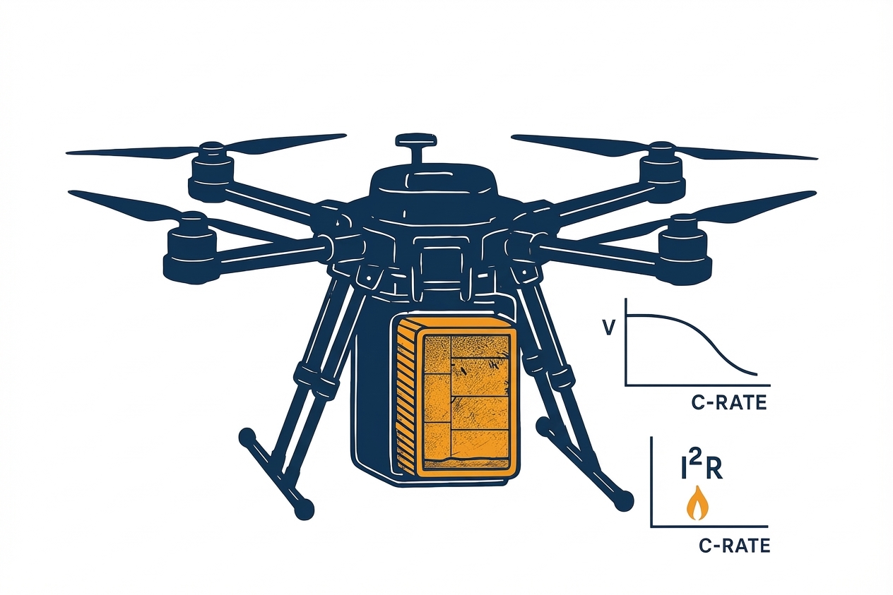 Industrial drone battery selection diagram showing mass budget and I²R heating