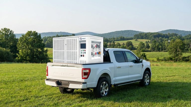 Remote jobsite at dusk showing a diesel generator silhouette contrasted with a modular battery micro-grid container.