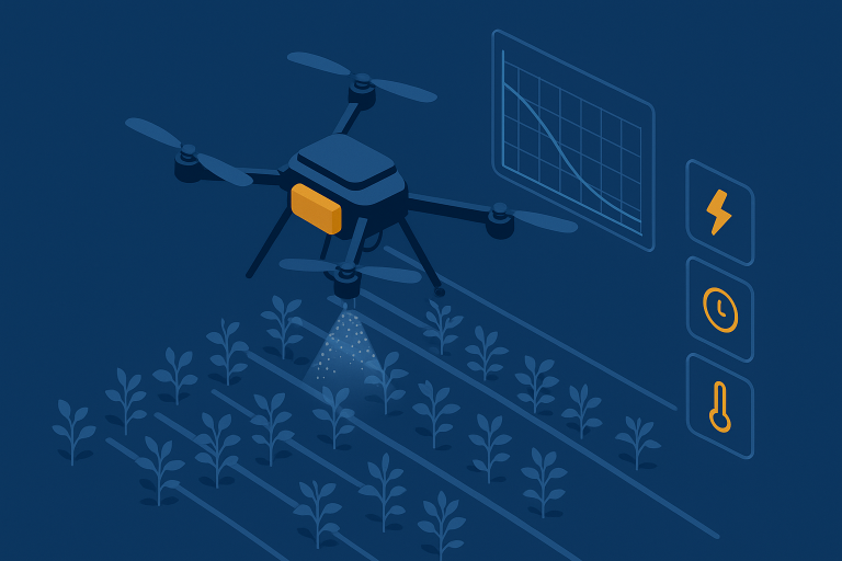Drone agrícola de pulverização de alta carga com telemetria de tensão, corrente e temperatura (estabilidade de tensão e 30C em Mato Grosso)