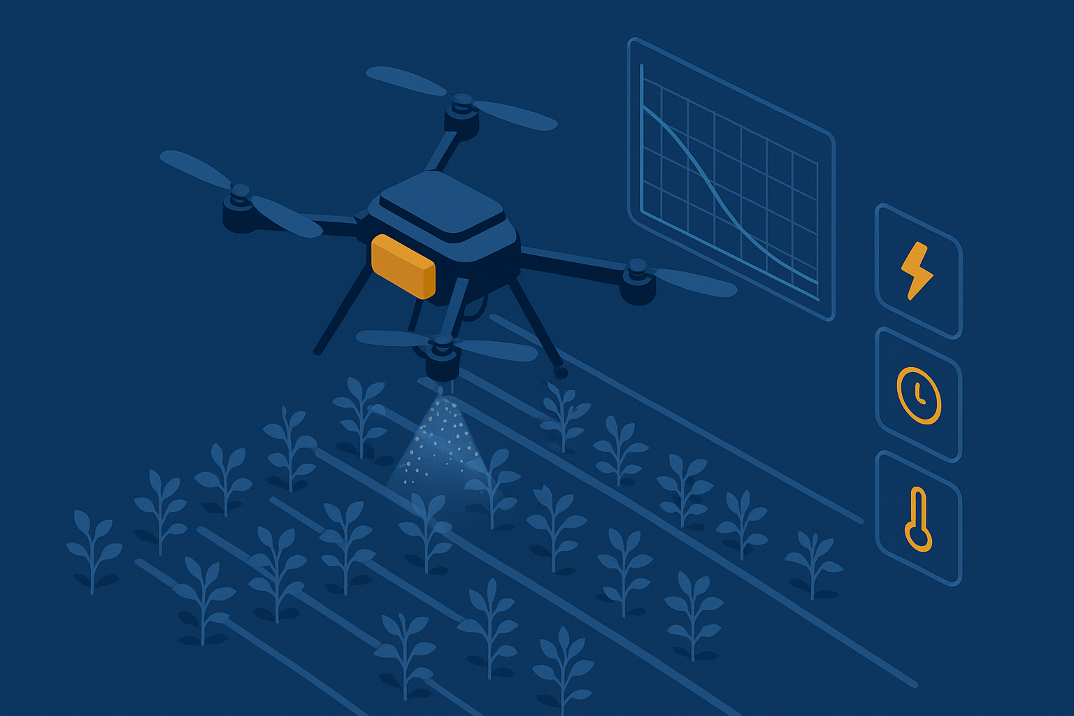 Drone agrícola de pulverização de alta carga com telemetria de tensão, corrente e temperatura (estabilidade de tensão e 30C em Mato Grosso)