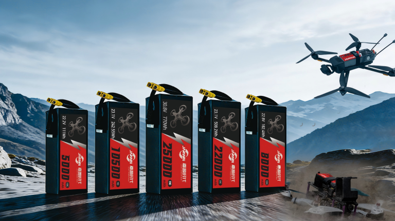 FPV LiPo batteries cover image showing drone silhouette, current flow schematic, and voltage stability curve