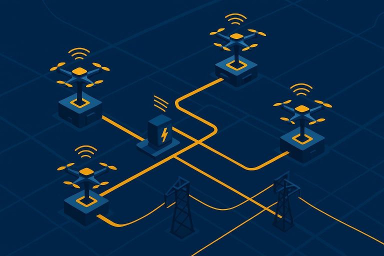 Illustration of drone logistics energy infrastructure as a modular dock network backbone.