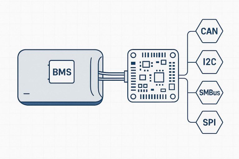 Technical illustration of a UAV battery with BMS communicating to a flight controller over CAN, I2C, SMBus, and SPI