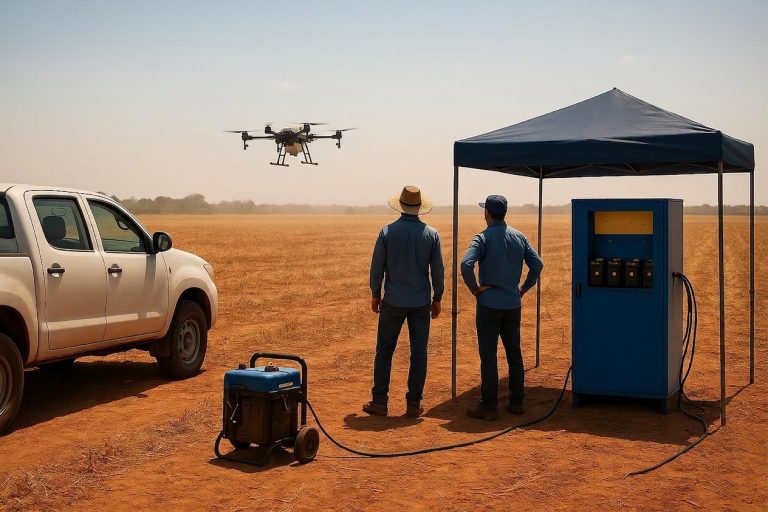Operação na Safrinha: carregamento de bateria de drone agrícola sob calor no Mato Grosso