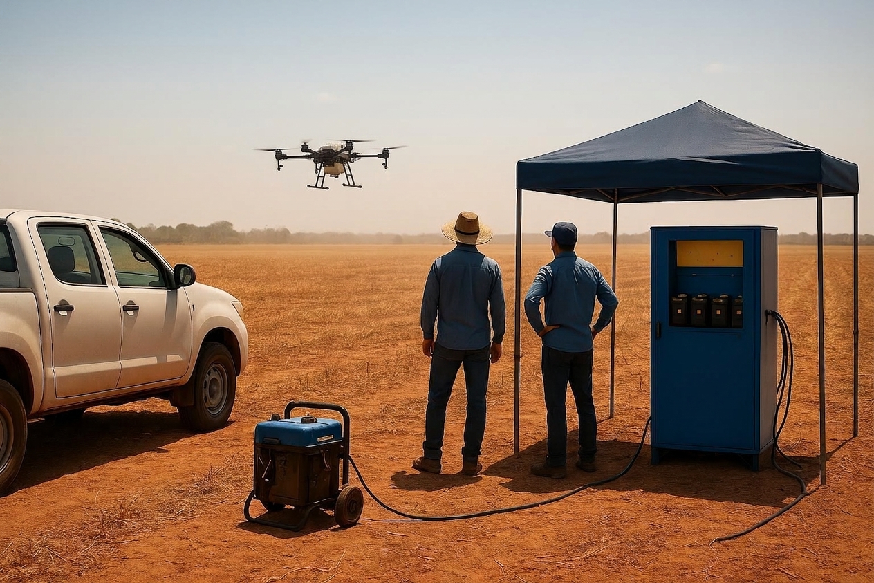Operação na Safrinha: carregamento de bateria de drone agrícola sob calor no Mato Grosso