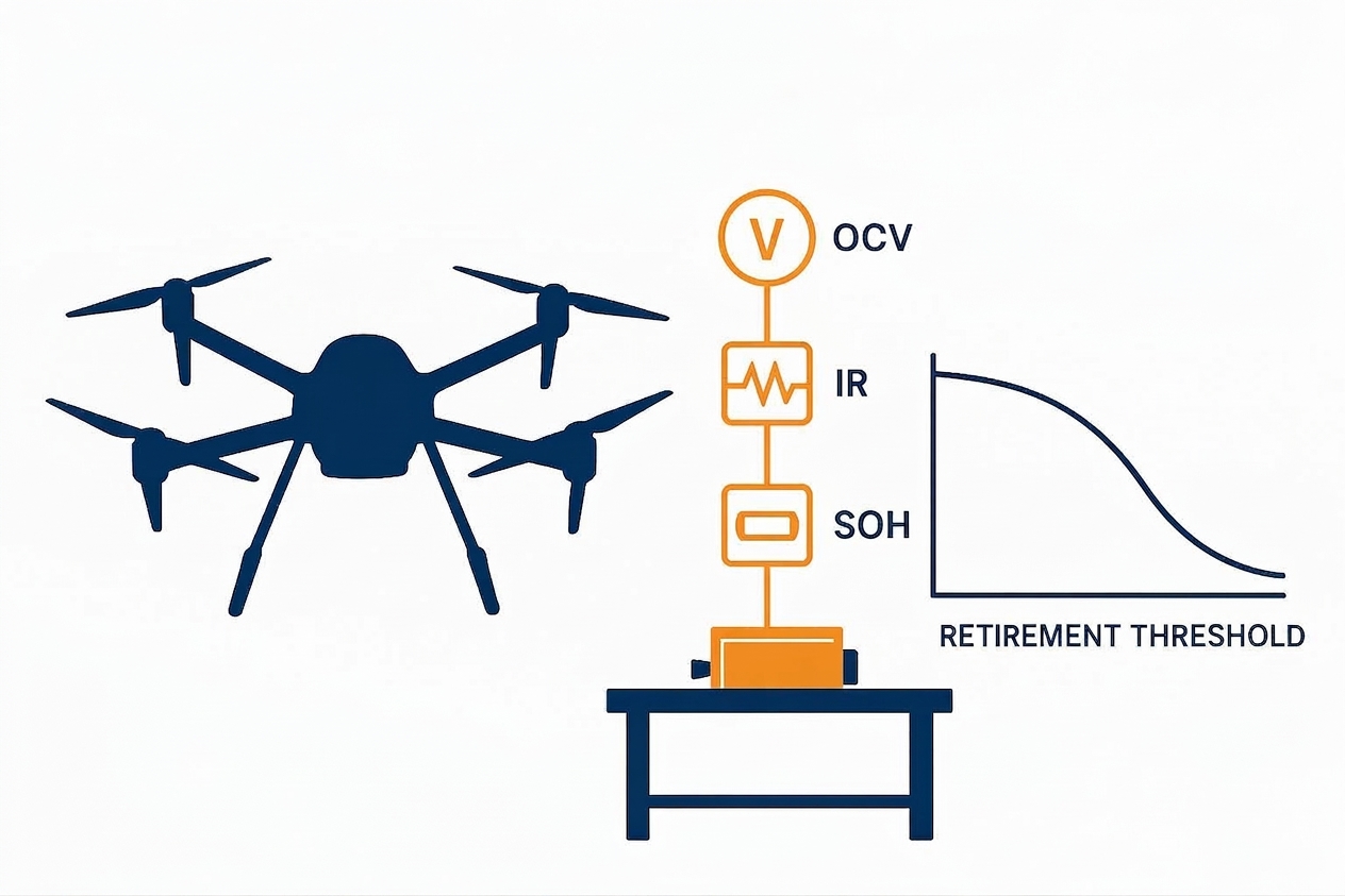 Heavy-lift UAV battery cell acceptance testing workflow illustration (OCV, IR, SOH lifecycle)