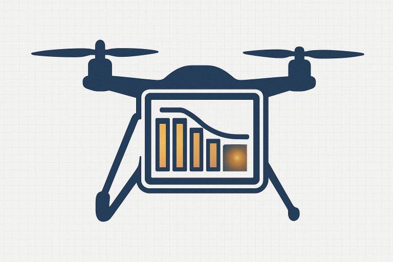 Technical illustration of UAV power system showing cell-to-cell variation, voltage sag curve, and thermal hotspot concept