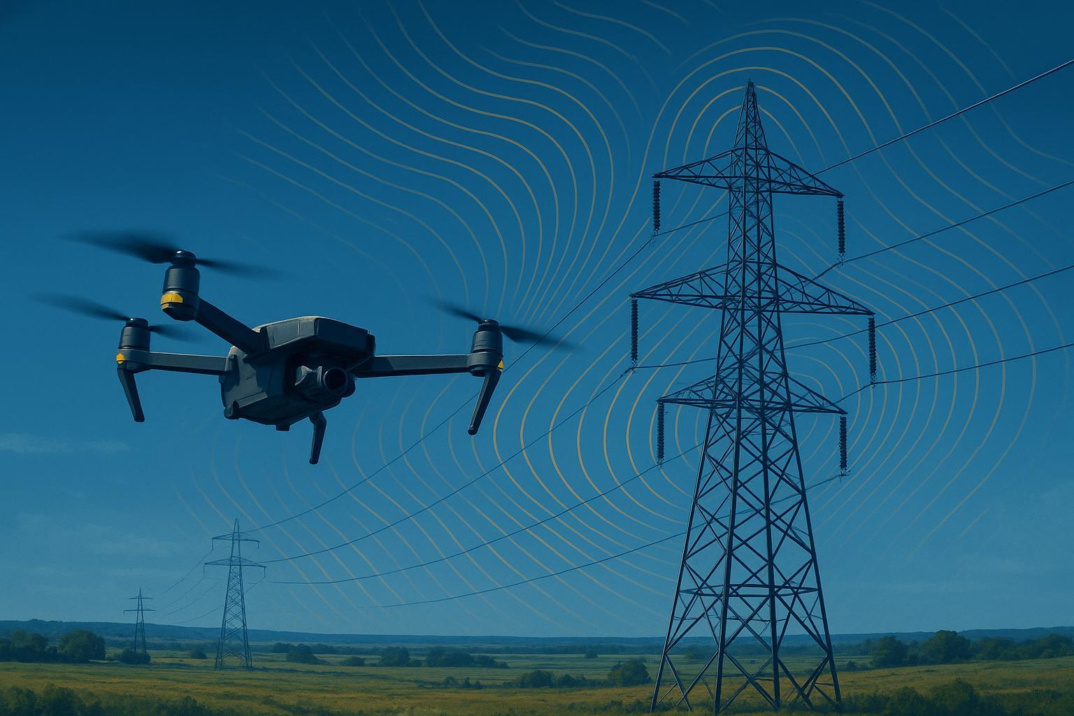 Drone de inspeção em linhas de transmissão de alta tensão com interferência eletromagnética (EMI) afetando a confiabilidade operacional