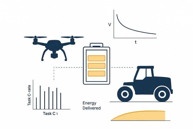 Industrial battery selection guide cover showing task C-rate pulses, voltage sag, and usable Wh/kg.