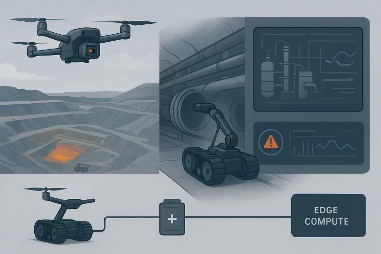 Multi-robot inspection stack (UAV, ground robot, AI) with energy system constraints