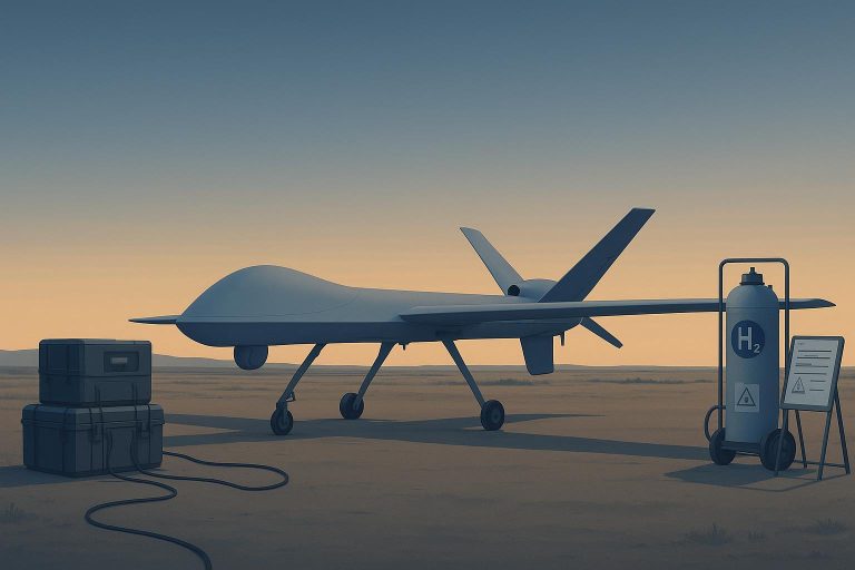 Long-endurance UAV on a remote field pad with lithium charging gear and a hydrogen cylinder cart in 2026.