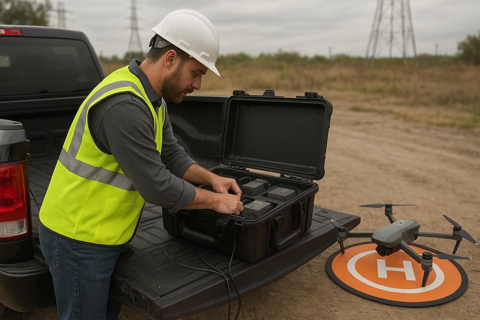 Mobile drone charging infrastructure deployed at a field site with portable energy storage and chargers