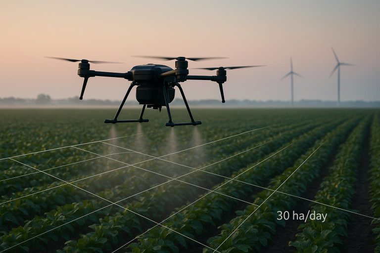 Agricultural drone spraying over a German crop field, illustrating agricultural drone operations in Germany.