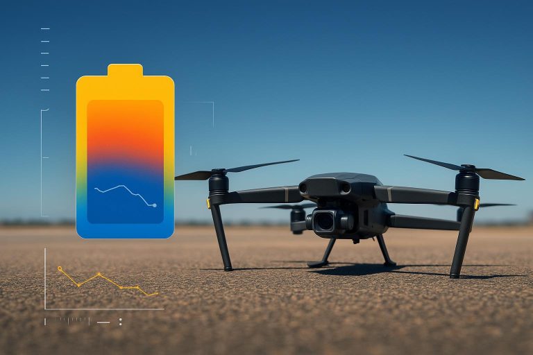 Commercial drone batteries under high heat with thermal diagnostics overlay