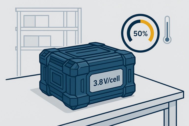 Best storage charge for UAV batteries shown as ~50% SOC and 3.8V per cell in controlled storage