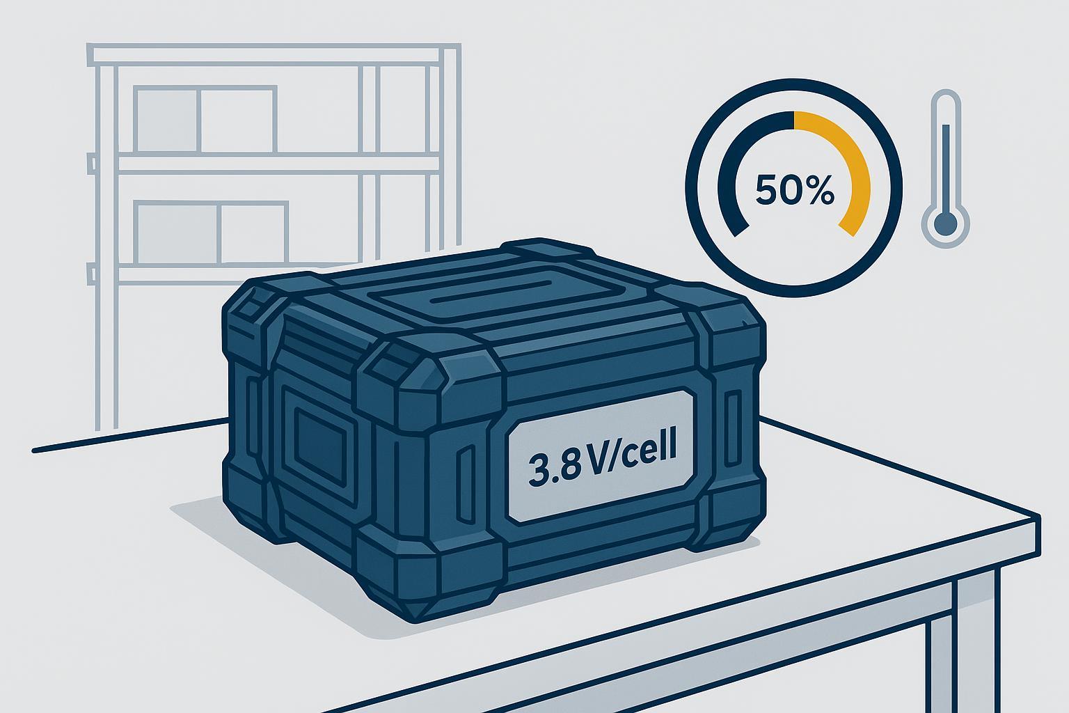Best storage charge for UAV batteries shown as ~50% SOC and 3.8V per cell in controlled storage