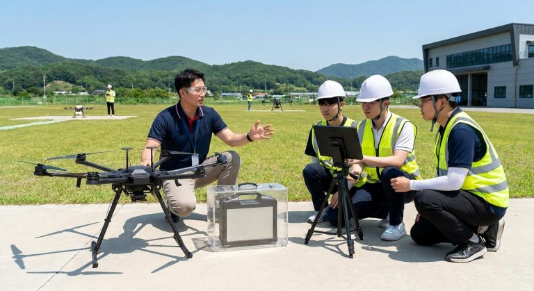 Professional drone flight instructor demonstrating industrial training UAV and high-cycle battery system to students.
