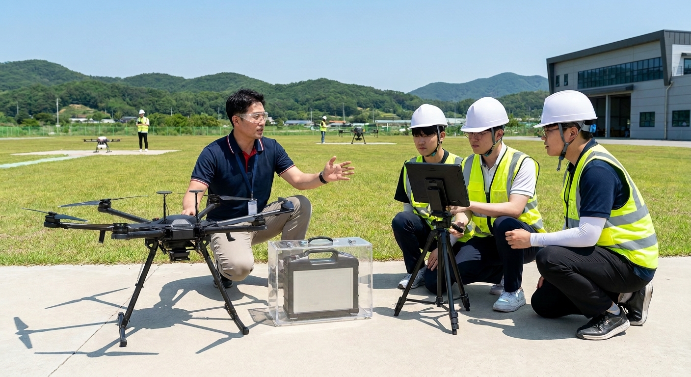 Professional drone flight instructor demonstrating industrial training UAV and high-cycle battery system to students.
