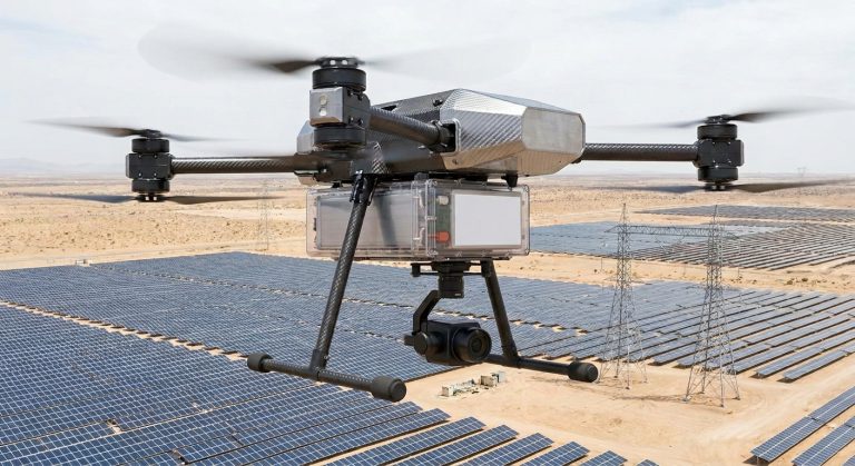 Commercial industrial drone with semi-solid lithium battery pack performing field operations