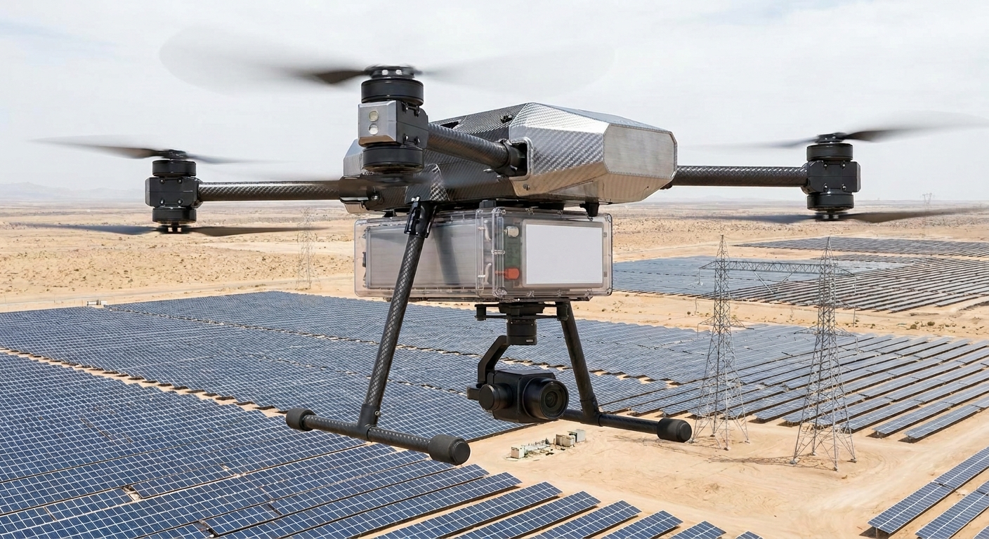 Commercial industrial drone with semi-solid lithium battery pack performing field operations