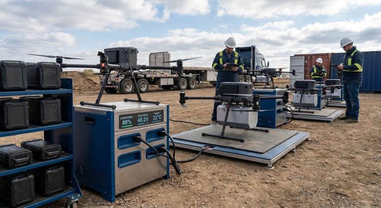 Industrial drone fleet charging infrastructure and multi-channel battery management system