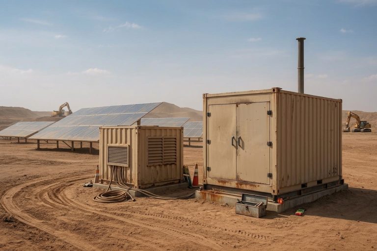 Engineering-style diagram of solar PV, battery storage, diesel generator, and EMS dispatch logic