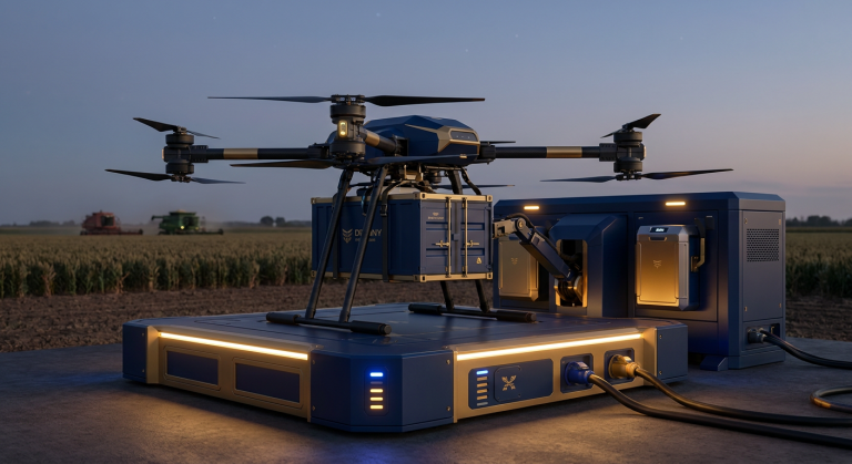 Commercial UAV heavy-lift drone resting on an automated battery swapping dock station and high-power charging platform