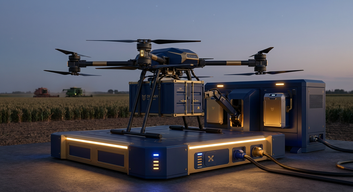 Commercial UAV heavy-lift drone resting on an automated battery swapping dock station and high-power charging platform