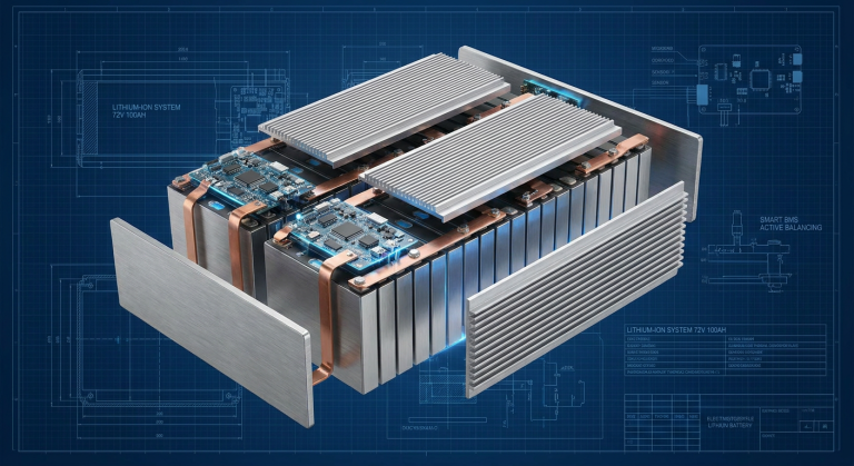 High-performance electric motorcycle lithium battery pack architecture showing BMS controller, cell modules, and thermal management system.